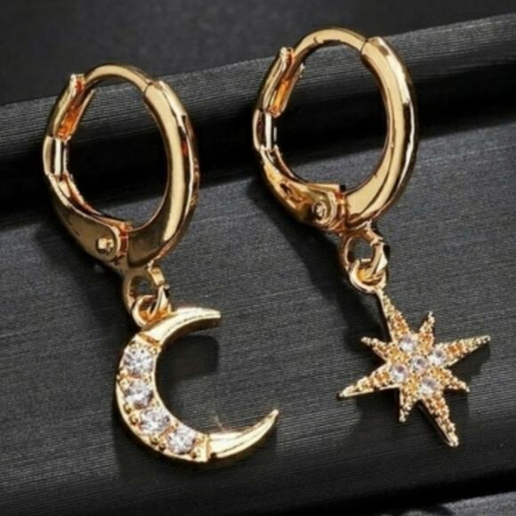 Gold Dainty Moon Star Earrings - Picture 1 of 2